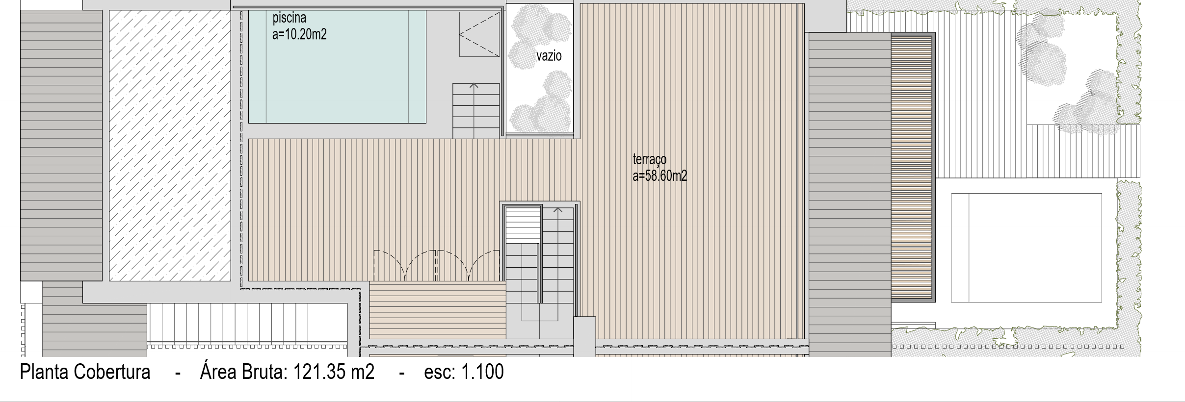 Planta da cobertura — terraço privativo de 58,60 m² com piscina