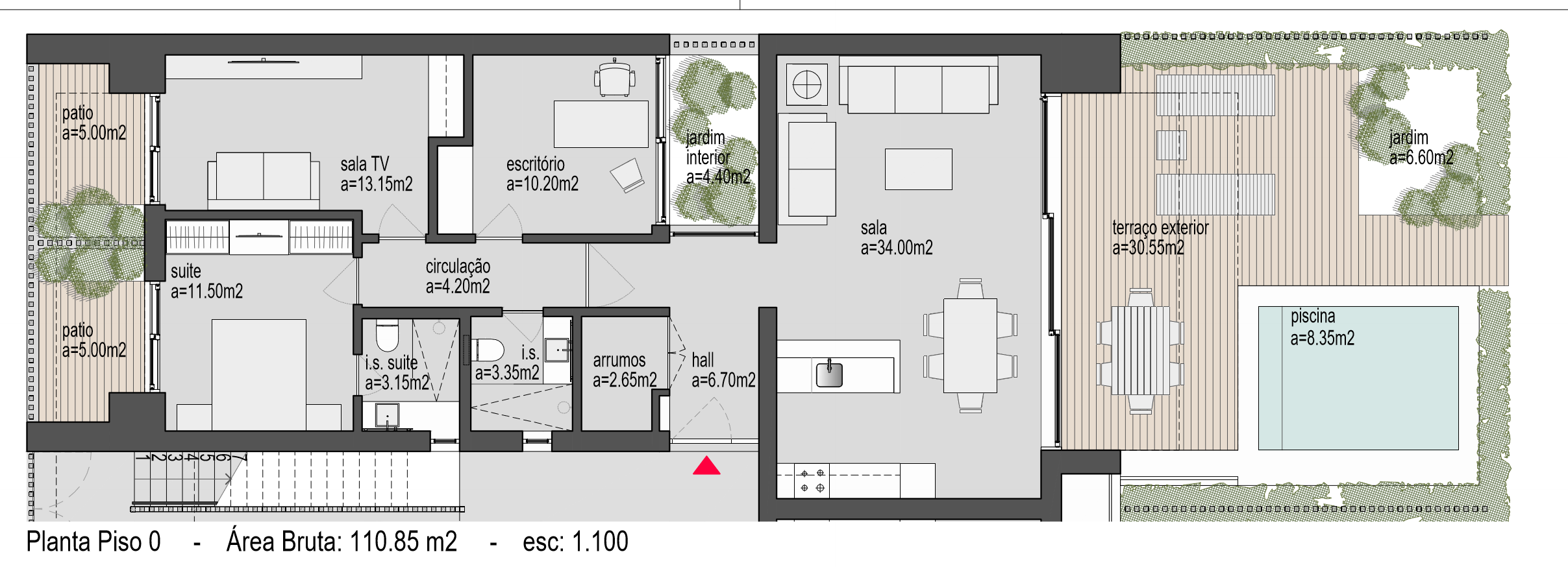 Planta do piso 0 — apartamento térreo com jardim e piscina privativa
