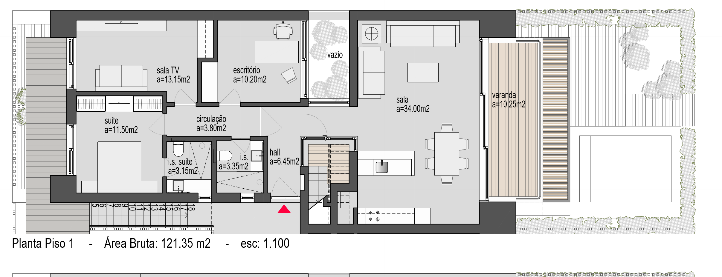 Planta do piso 1 — apartamento superior com suite, escritório e varanda
